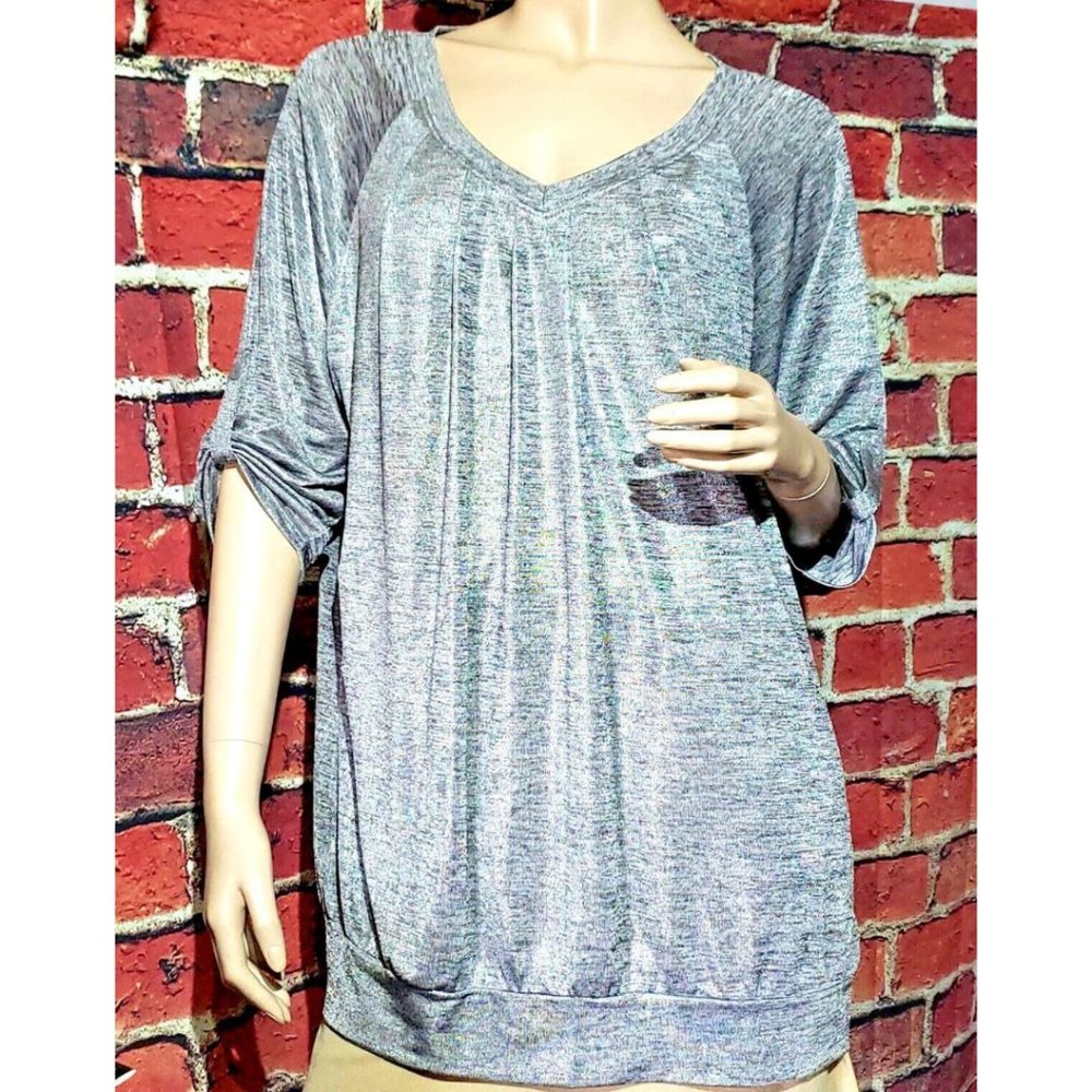 Silver Metallic 3/4 Sleeve V Neck Stretch Holiday Blouse Sz 0X 14-18 NWOT